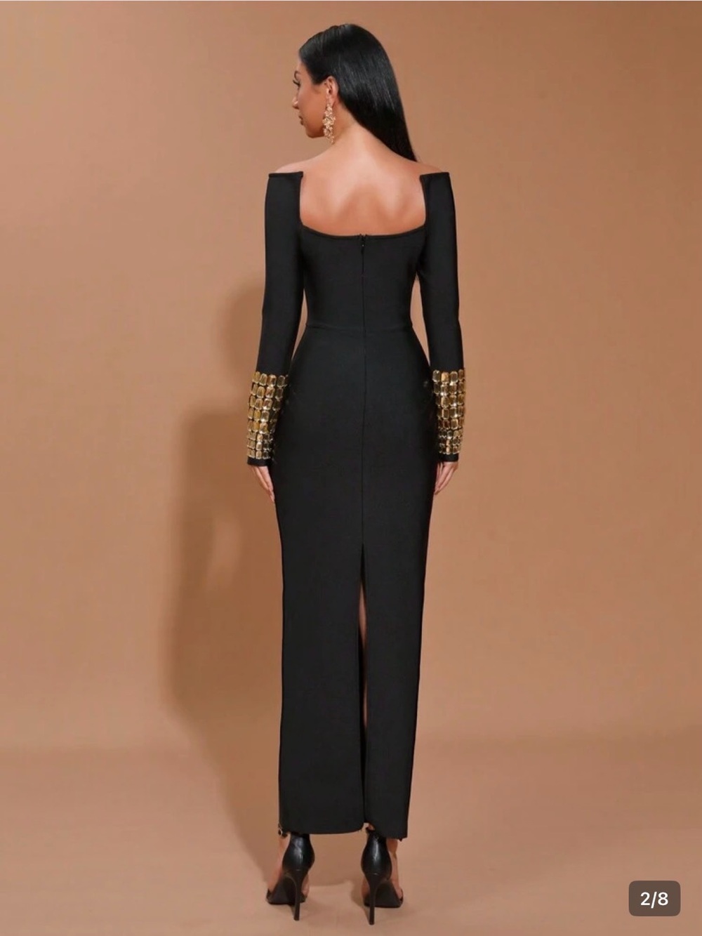 Elegant Black Long-Sleeve Maxi Dress with Gold Cuff Detail - Picture 4 of 4